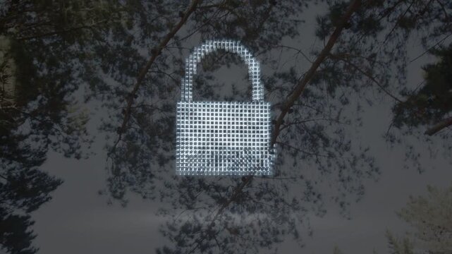 Cloud icon fading into view causing grid icons growing breaking forming shield showing security