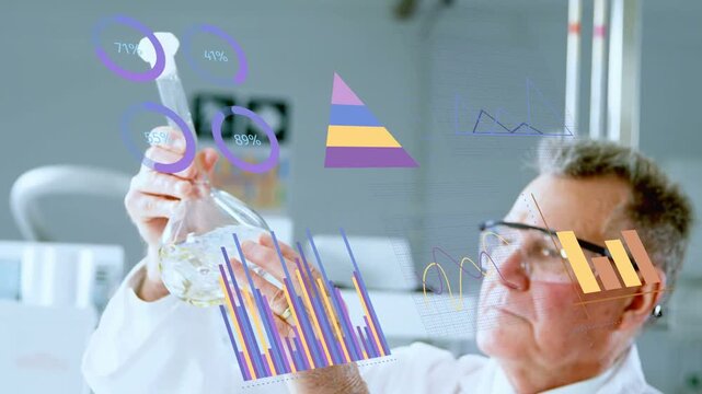Lead chemist raising flask in lab to light, rotating and inspecting, data charts showing over flask