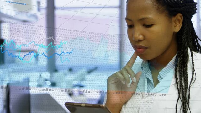 Lab scientist raising tablet, tapping and swiping, analyzing data, line charts growing left center