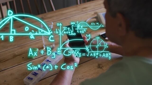 Senior man picking up phone at table, neon AR math diagrams expanding across screen for education