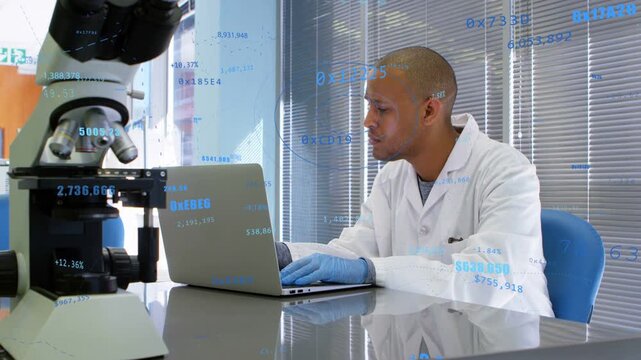 Lab tech typing laptop, causing blue numeric overlays floating and marking scope data for analysis