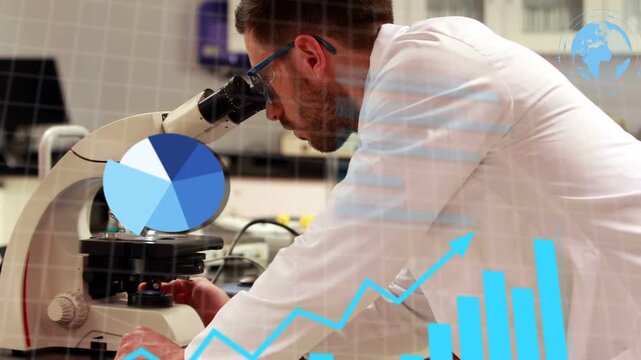 Scientist leaning over microscope, peering via lens and turning slide, creating graphs and percent