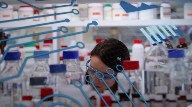 Lab scientist lifting head causing blue circuit overlay on clear glass checking samples with peer