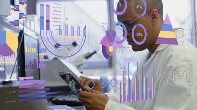 Lab technician tapping tablet and swiping while animated charts shifting, analyzing research data