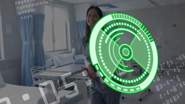 Female nurse holding bed rail in patient room, countdown initiating HUD scan for analyzing vitals