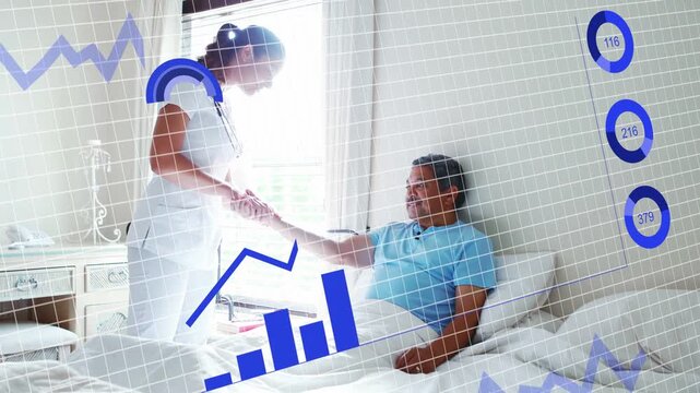 Nurse reaching wrist at bedside, checking pulse, tracking vitals while blue charts rising over man