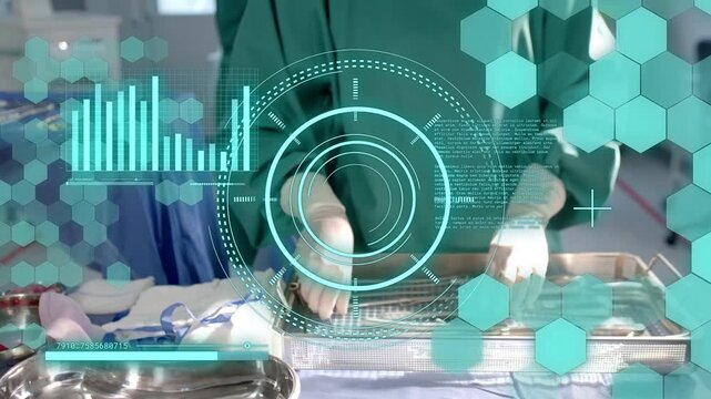 Gloved hands reaching into tray, scrub surgeon aligning tools for surgery while teal HUD overlays