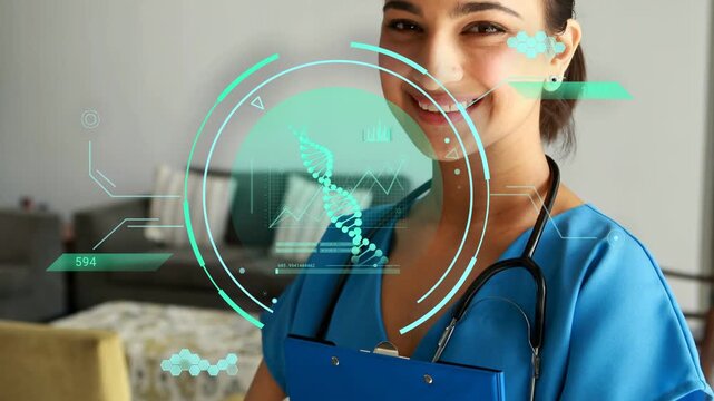 Camera zooming nurse relaxing smiling showing clipboard DNA hologram layering portrait for consult