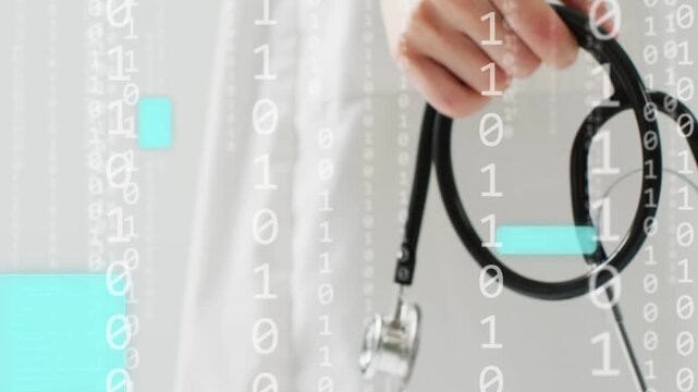 Stethoscope entering frame causing doctor adjusting it, showing medical tech with binary UI overlay