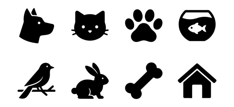 Pet Icons Collection: Dog, Cat, Bird, Rabbit, Paw Print, Bone, Fish Bowl, House