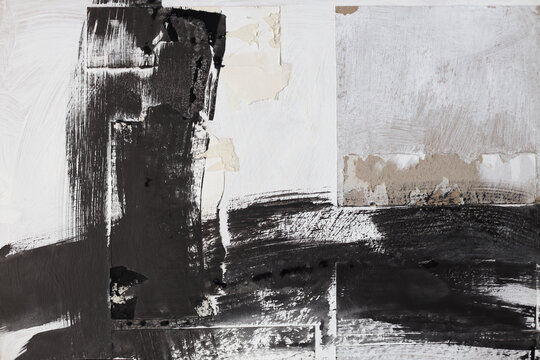 Torn, ripped blot crack crumble frame paper pieces, Ink painting smear Brush stroke. Black, beige white copy space grunge relief grain texture Poster background.
