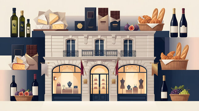 Luxury European Boutique Facade with Gourmet Food and Fashion Lifestyle Elements