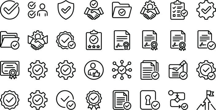 Seo friendly icon set bundle checkmark symbols for business security and quality control