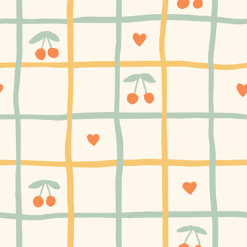 Hand drawn cottagecore cherry gingham seamless pattern with hearts, playful naive fruit check for summer dresses, kids clothing, picnic textiles and cute packaging design. Vector