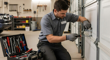 Naklejka premium Man working on garage door repair in residential setting. Home maintenance and installation service for house improvement concept.
