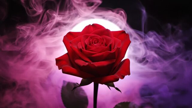 A single vibrant red rose in full bloom set against a dramatic dark background with ethereal pink and purple smoke swirls and a glowing orb of light.