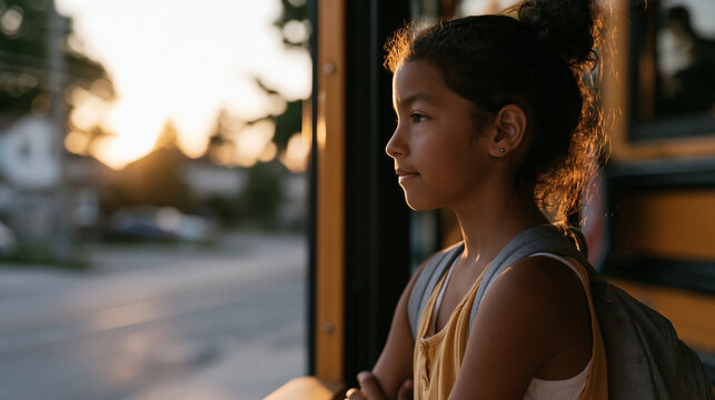 Parent standing at school pickup reluctantly watching overly scheduled child exit bus loaded with three different activity bags, suburban street in late afternoon sun, body language suggesting inter