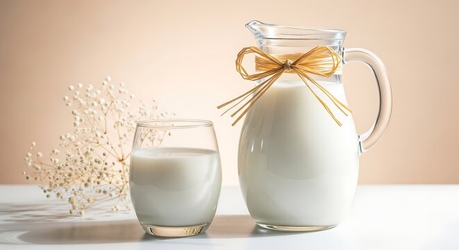 A clear glass pitcher of fresh milk with a decorative bow next to a full glass of milk.