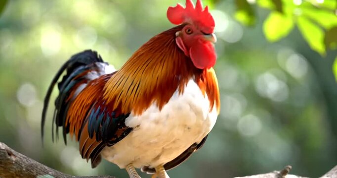 Rooster perched on tree branch with red comb and vibrant plumage in natural outdoor setting