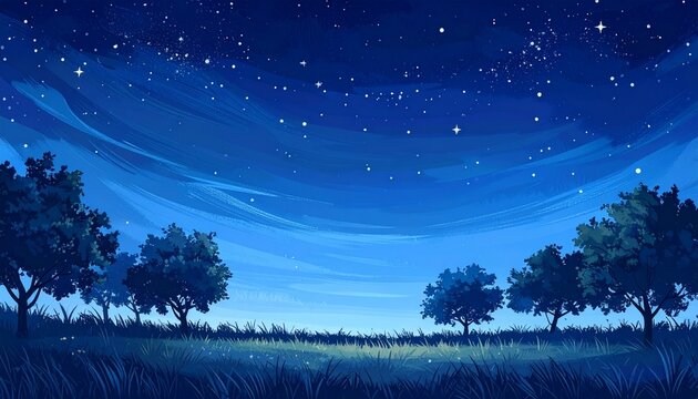 A simple, dark blue night sky, scattered with delicate white stars, with groves of trees and grasses. A calm and elegant design, smooth color gradients, no clouds or other distractions.