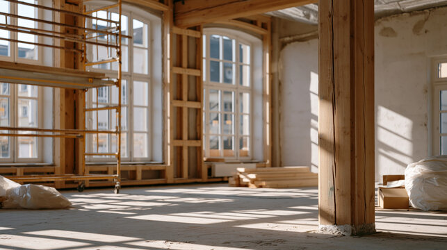 Empty co-living common room under construction in industrial loft conversion, scaffolding beside floor-to-ceiling warehouse windows, architect reviewing finish schedule against structural framing, a
