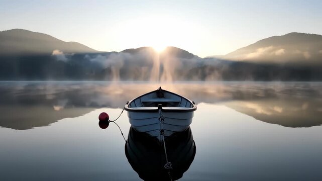 A serene wooden rowing boat floats on a perfectly still lake at sunrise, with misty mountains and golden light reflecting in the calm water.
