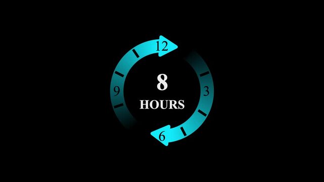 8 Hours Full Work Shift Timer Animation with Blue Neon Rotating Arrows and Clock Interface for Professional Time Tracking on Black Background.