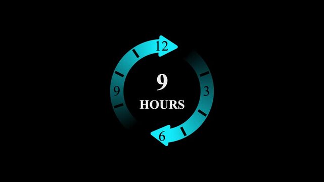 9 Hours Countdown Display with Glowing Blue Neon Clock Face and Rotating Progress Arrows for Long Shift and Project Deadline on Black Background.