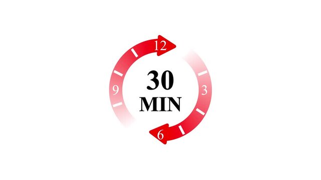 30 Minutes Half Hour Countdown Timer Animation with Red Neon Glowing Arrows and Circular Progress Interface on White Background.