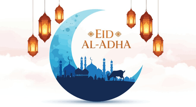 Eid al adha greeting with crescent moon and lanterns