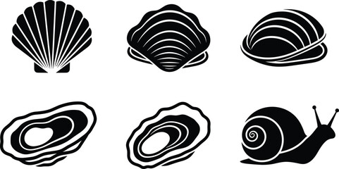 Set of Black and White Seashell and Snail Vector Icons Featuring Scallop, Oyster, Clam, Mussel, and Garden Snail for Marine Life Design, Seafood Branding, and Beach Themed Illustration Projects. © MD FARID