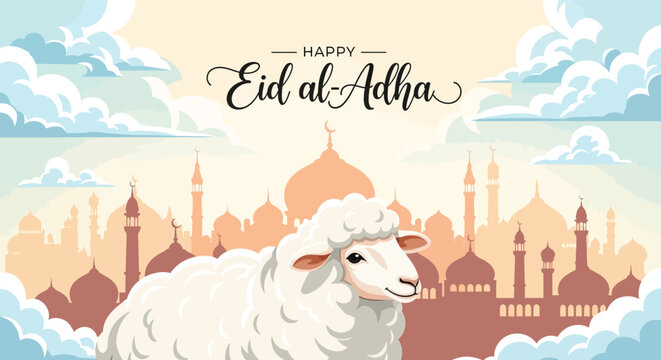 Happy eid al adha greeting with sheep and mosque background