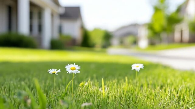 Suburban neighborhood lawn with blooming daisies in lush grass. Peaceful sunny yard scene featuring white flowers near sidewalk and charming house. Serene spring garden view of fresh outdoor nature