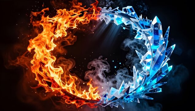 Fusion of Elements: A mesmerizing artwork merges the raw power of fire and the serene elegance of ice, creating a harmonious visual symphony of contrasting elements.
