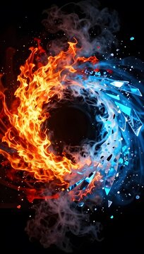 Fiery Ice Dance: A mesmerizing composition showcasing the duality of fire and ice, a dynamic contrast of heat and cold swirling around a central vortex.