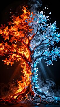 Dualistic Nature of the Elements: An artistic representation of a tree, divided into halves representing the contrasting elements of fire and ice, symbolizes duality and balance.