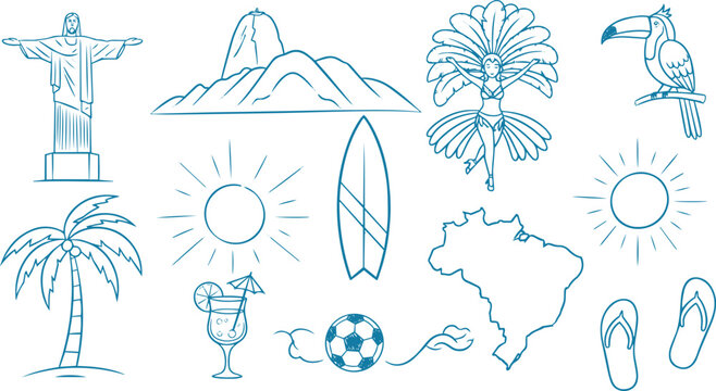 Hand Drawn Brazil Travel and Rio Carnival Doodle Icon Set