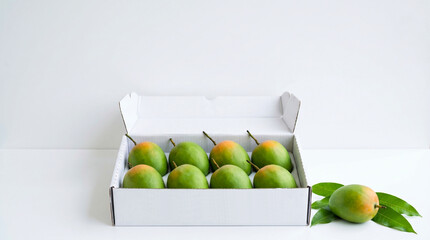 Fresh Indian green Unripe Kesar mango fruit in white box, most famous in India coming from Gujarat state, also export to USA, Canada, UK, UAE,GULF, white background