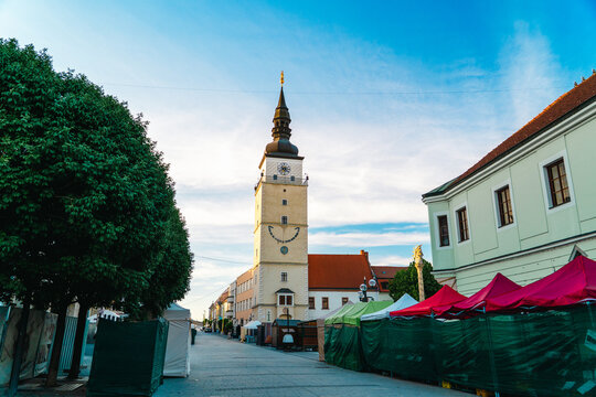 Market stalls near City Tower in Trnava old town