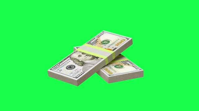 Bundles of 100 dollar bills rotate and shift in a stacked arrangement on a bright green chroma key background, 3D animation.