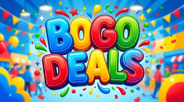 Colorful BOGO Deals 3D Text Banner for Retail Sale and Promotion