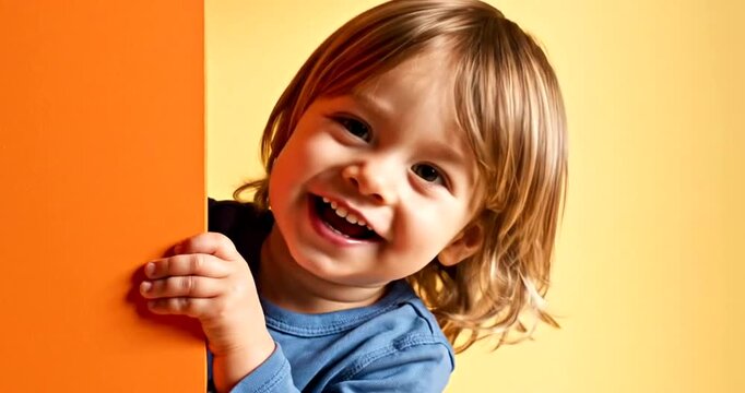 Smiling toddler peeking from behind a bright orange door frame with cheerful expression and light hair