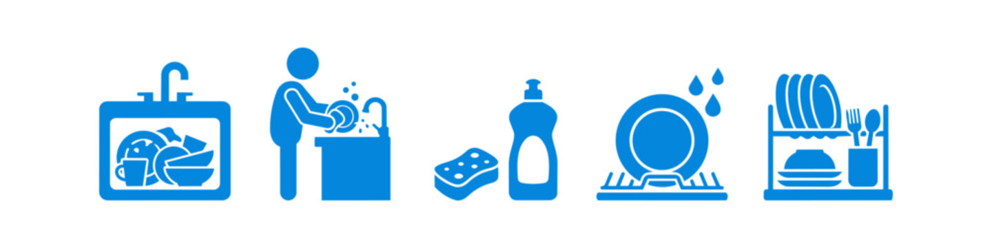 Set of blue kitchen icons showing the process of washing dishes: a sink full of dirty plates, a person cleaning, soap and sponge, and a drying rack with clean tableware.