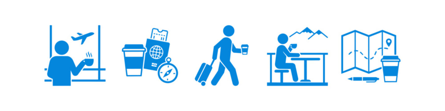 Blue travel and coffee icon set featuring a traveler at the airport, passport with compass, walking with luggage, mountain cafe, and map trip planning for digital nomads and tourists.