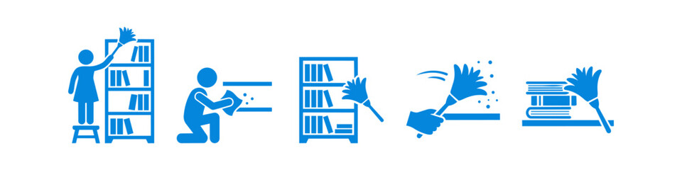 Blue vector icon set showing people dusting bookshelves and cleaning books. Includes figures using feather dusters and cloths for home maintenance and library care. © Nort Kor