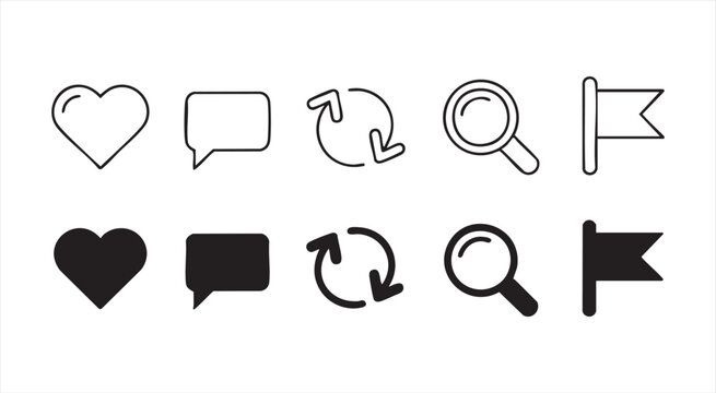 Social media icons outline and filled for like, chat, refresh, search and bookmark.