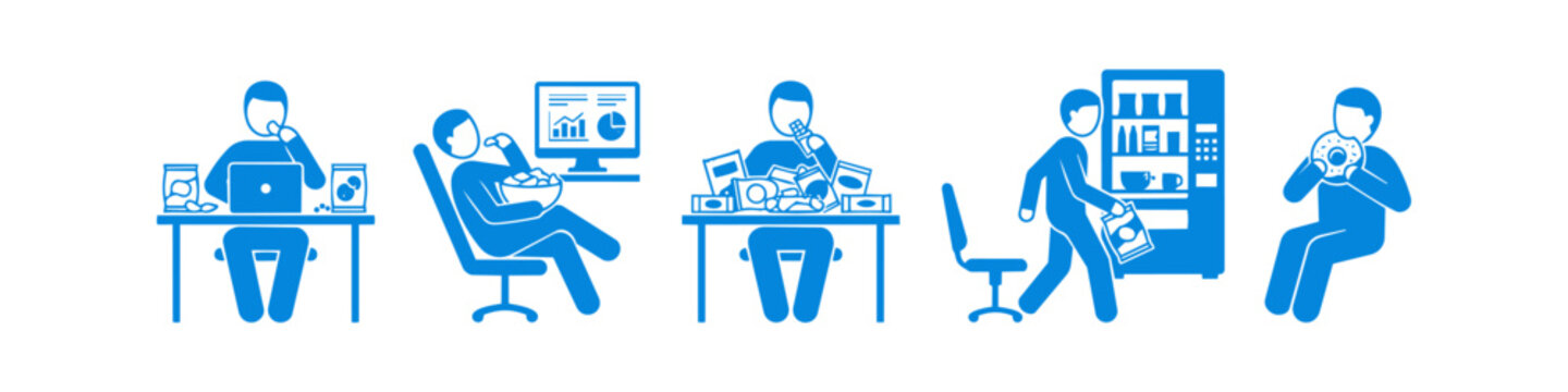 Blue icons illustrating various unhealthy snacking habits in an office, featuring junk food consumption while working, mindless eating at a desk, and visiting a vending machine.