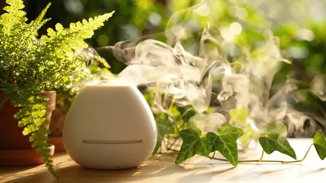 White Essential Oil Diffuser Emitting Mist with Green Plants Fern and Ivy on Wooden Surface Backlit by Sunny Natural Light