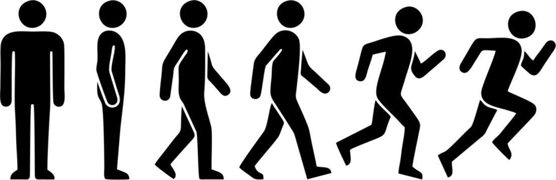 Human movement progression vector icon set, professional silhouette sequence of standing walking jogging and running for fitness and sports coaching, movement, evolution, fitness, walking, running