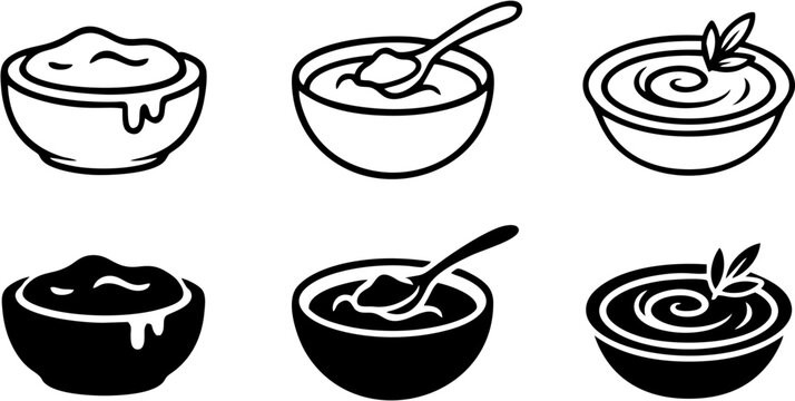 Soup and yogurt bowl vector icon set for restaurant and healthy dining, professional sauce and dip silhouette and line art for culinary menus, soup, yogurt, bowl, food, dining, healthy, restaurant